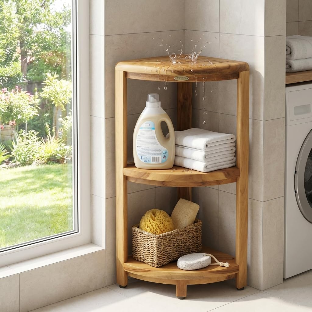 EcoDecors Natural Teak Corner Shower Shelf