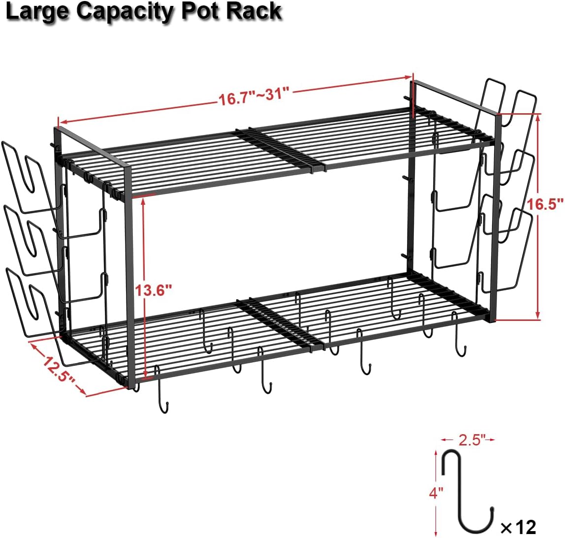 31 Inch 2-Tier Expandable Wall Mount Pot Rack