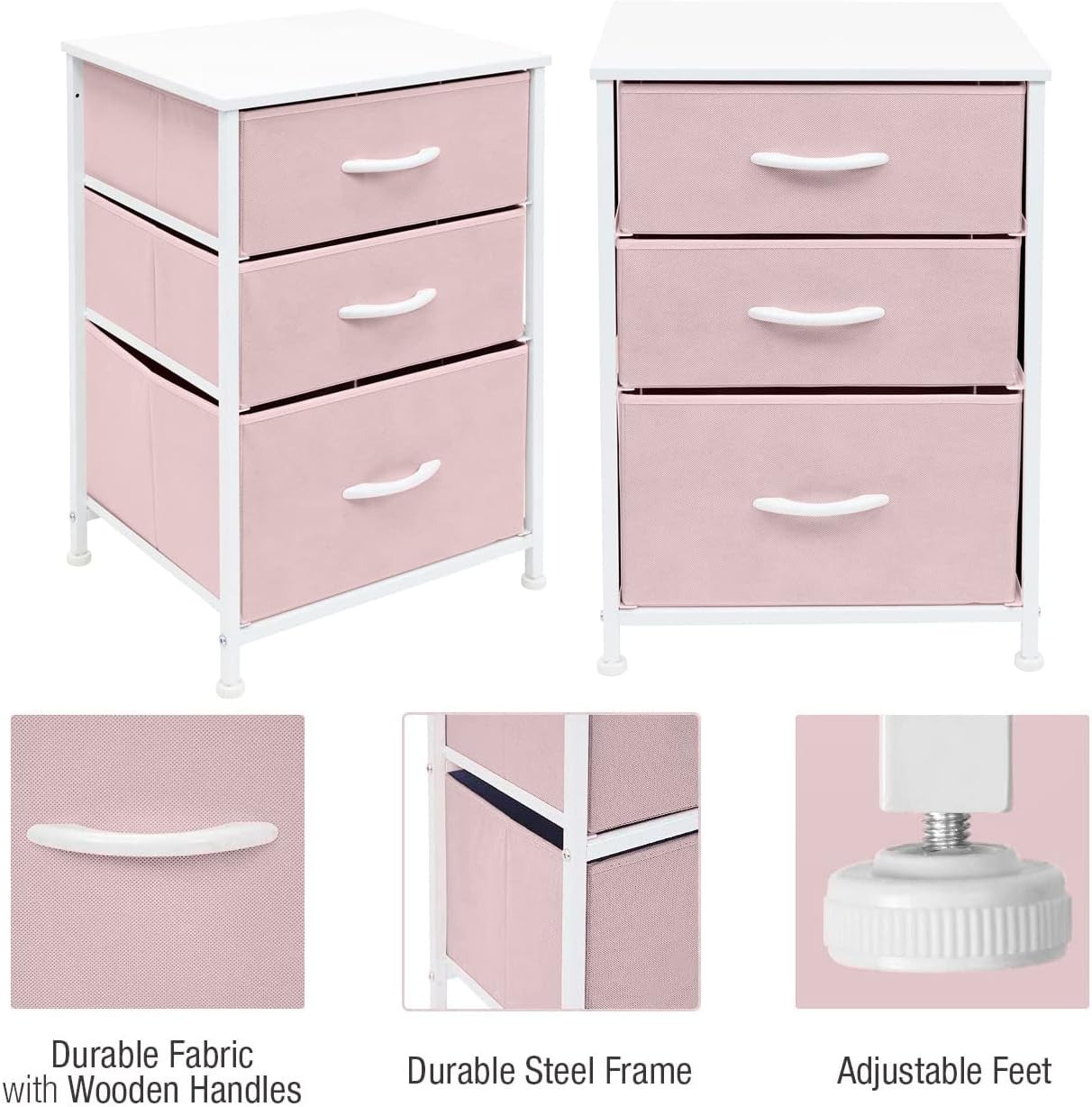 Sorbus Pink 3-Drawer Fabric Nightstand