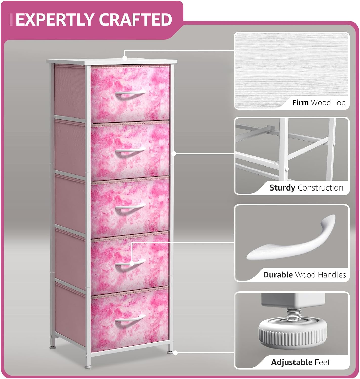 Sorbus Tie-dye Pink 5-Drawer Kids Dresser