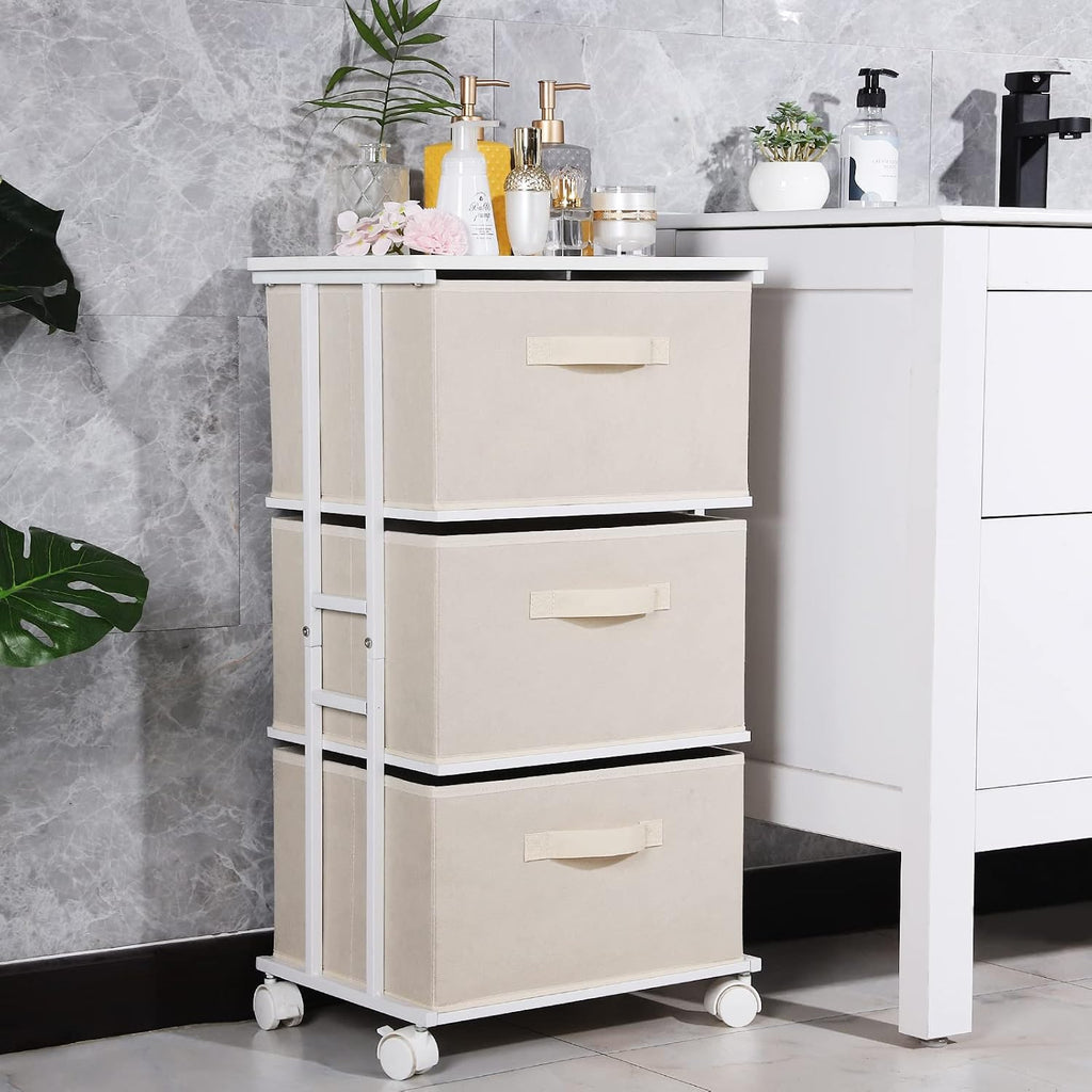 Houser Beige 3-Drawer Fabric Dresser Tower