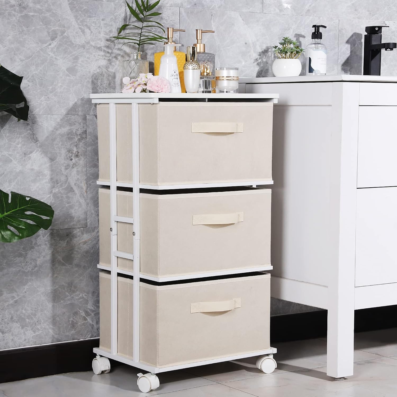 Houser Beige 3-Drawer Fabric Dresser Tower