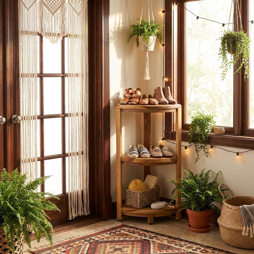 EcoDecors Natural Teak Corner Shower Shelf