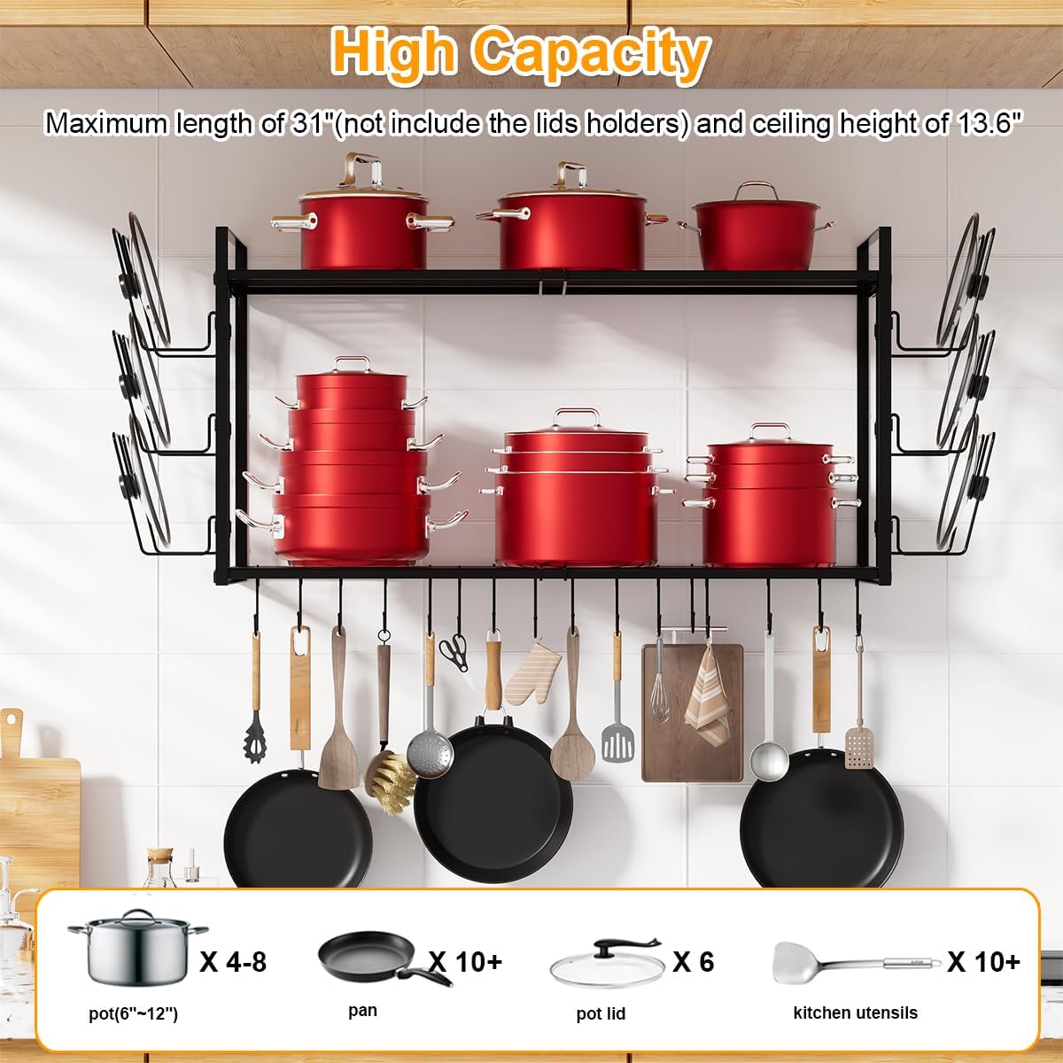 31 Inch 2-Tier Expandable Wall Mount Pot Rack