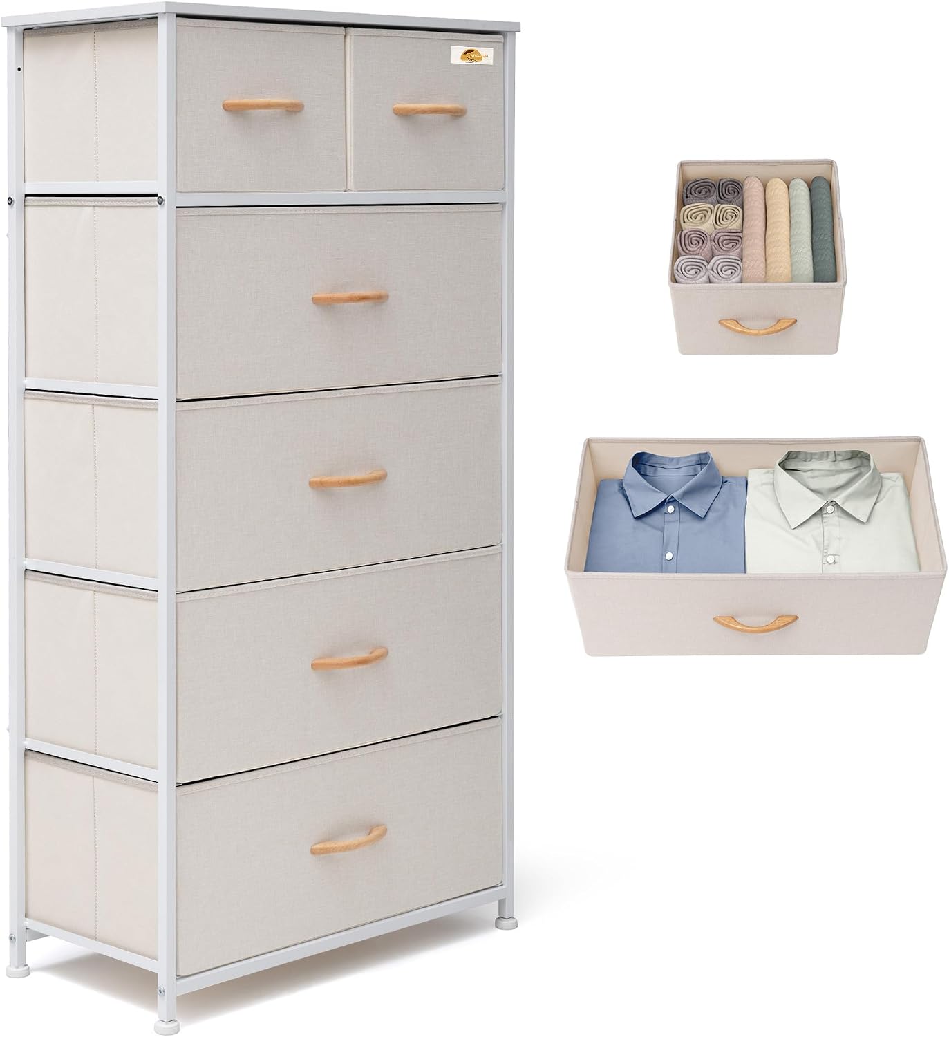 Beige 6-Drawer Skinny Fabric Dresser