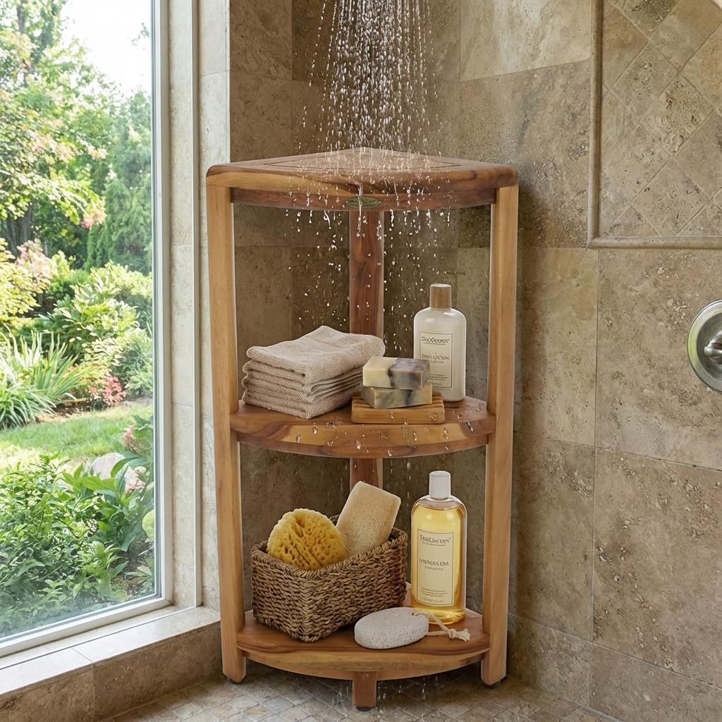 EcoDecors Natural Teak Corner Shower Shelf