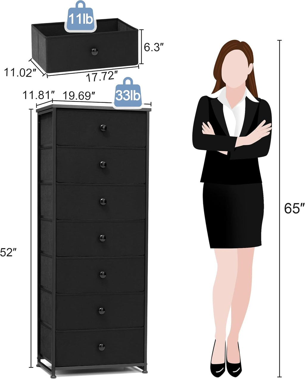 Crestlive Black 7-Drawer Tall Fabric Dresser