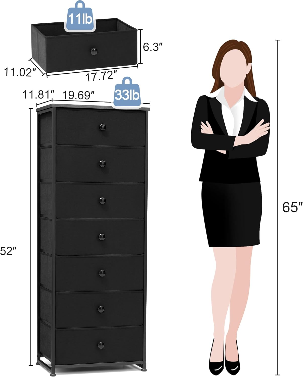 Crestlive Black 7-Drawer Tall Fabric Dresser