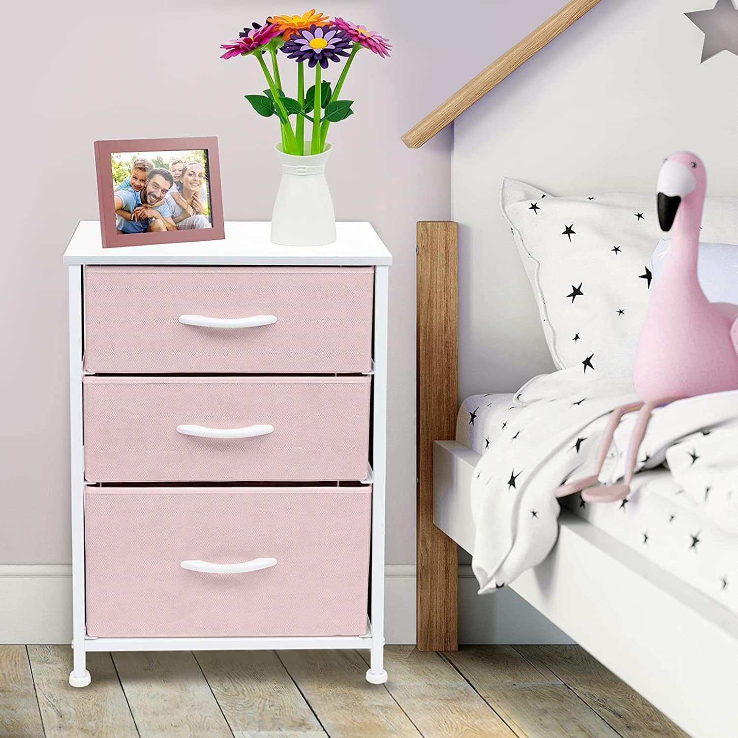 Sorbus Pink 3-Drawer Fabric Nightstand