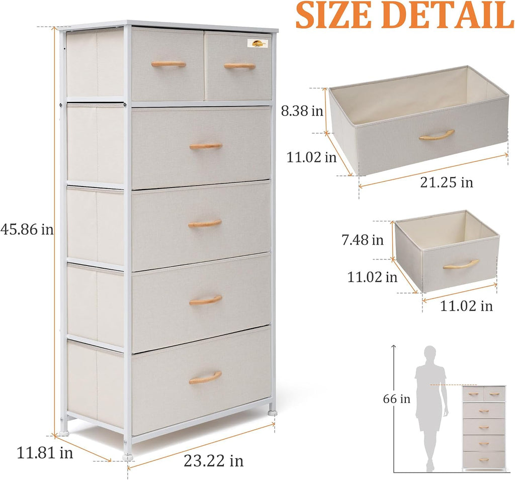 Beige 6-Drawer Skinny Fabric Dresser