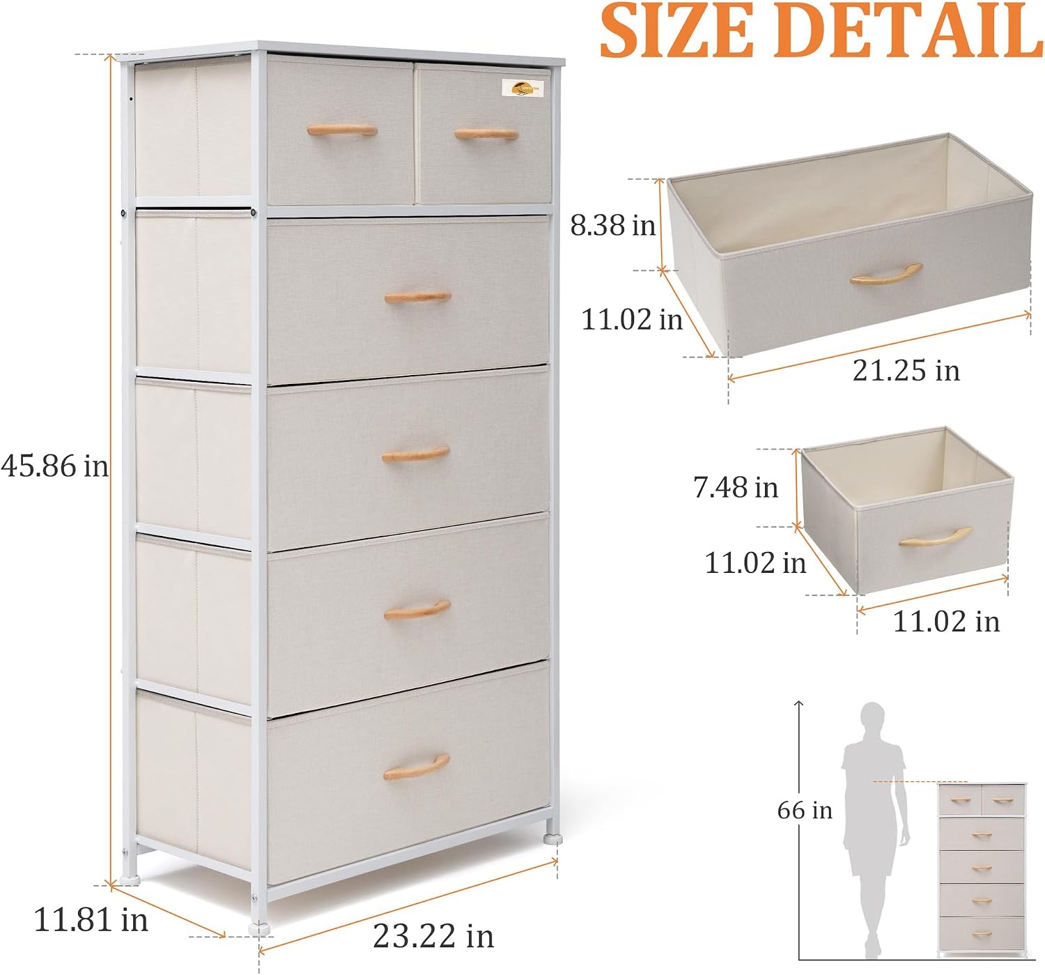 Beige 6-Drawer Skinny Fabric Dresser