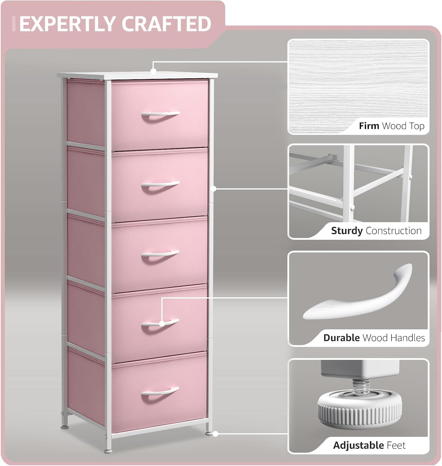 Sorbus Pink 5-Drawer Kids Fabric Dresser