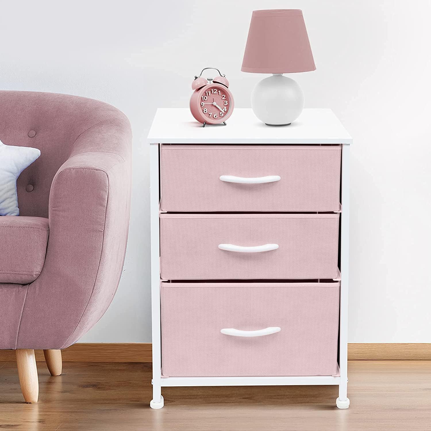 Sorbus Pink 3-Drawer Fabric Nightstand