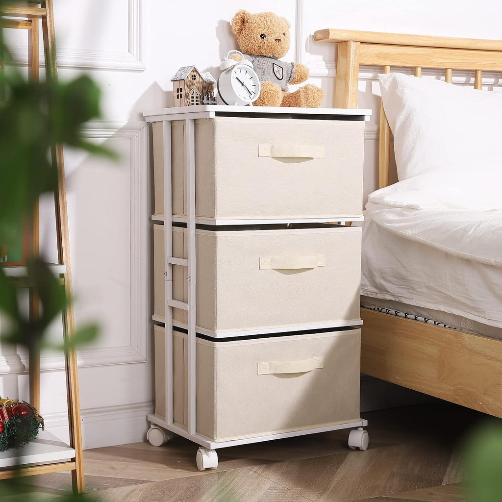 Houser Beige 3-Drawer Fabric Dresser Tower