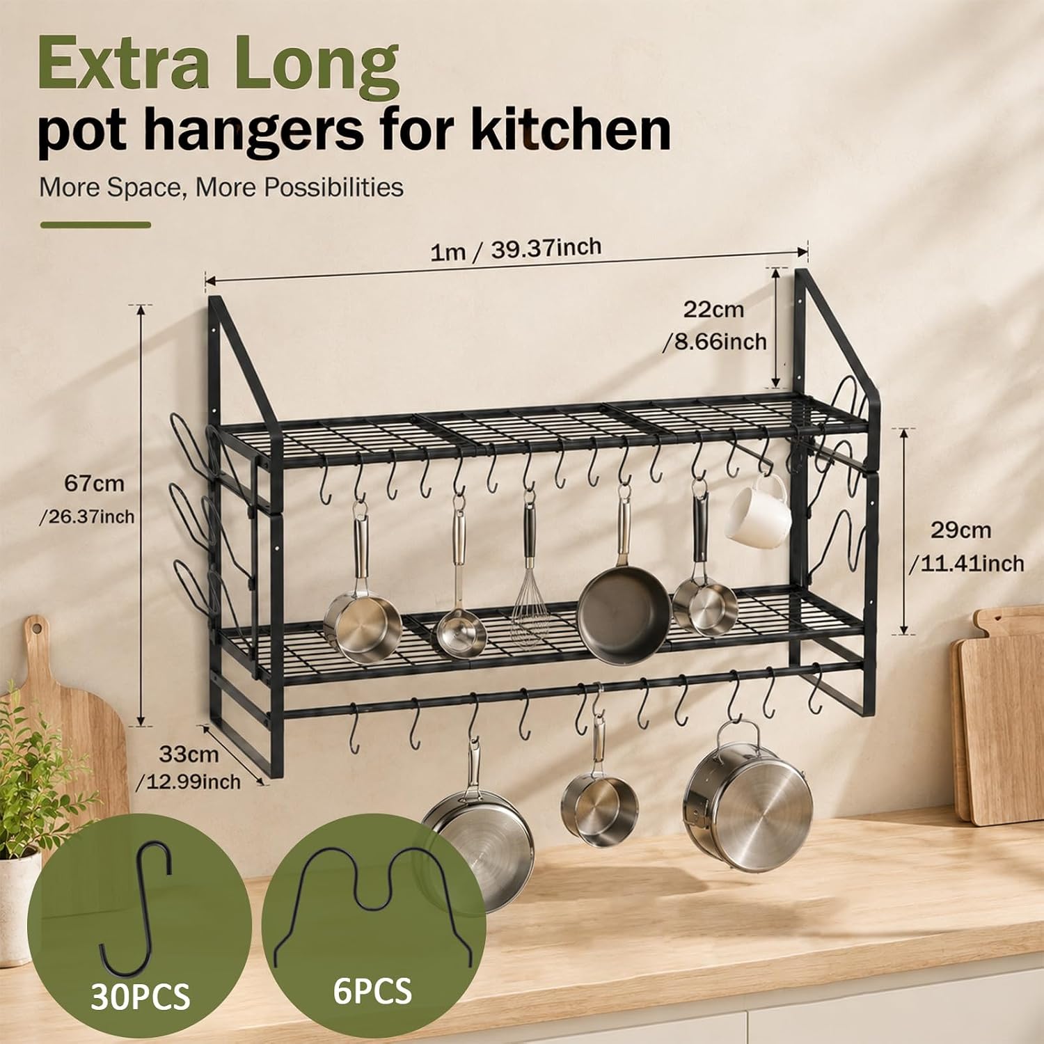 39.4in 2-Tier Wall Mount Pot Rack