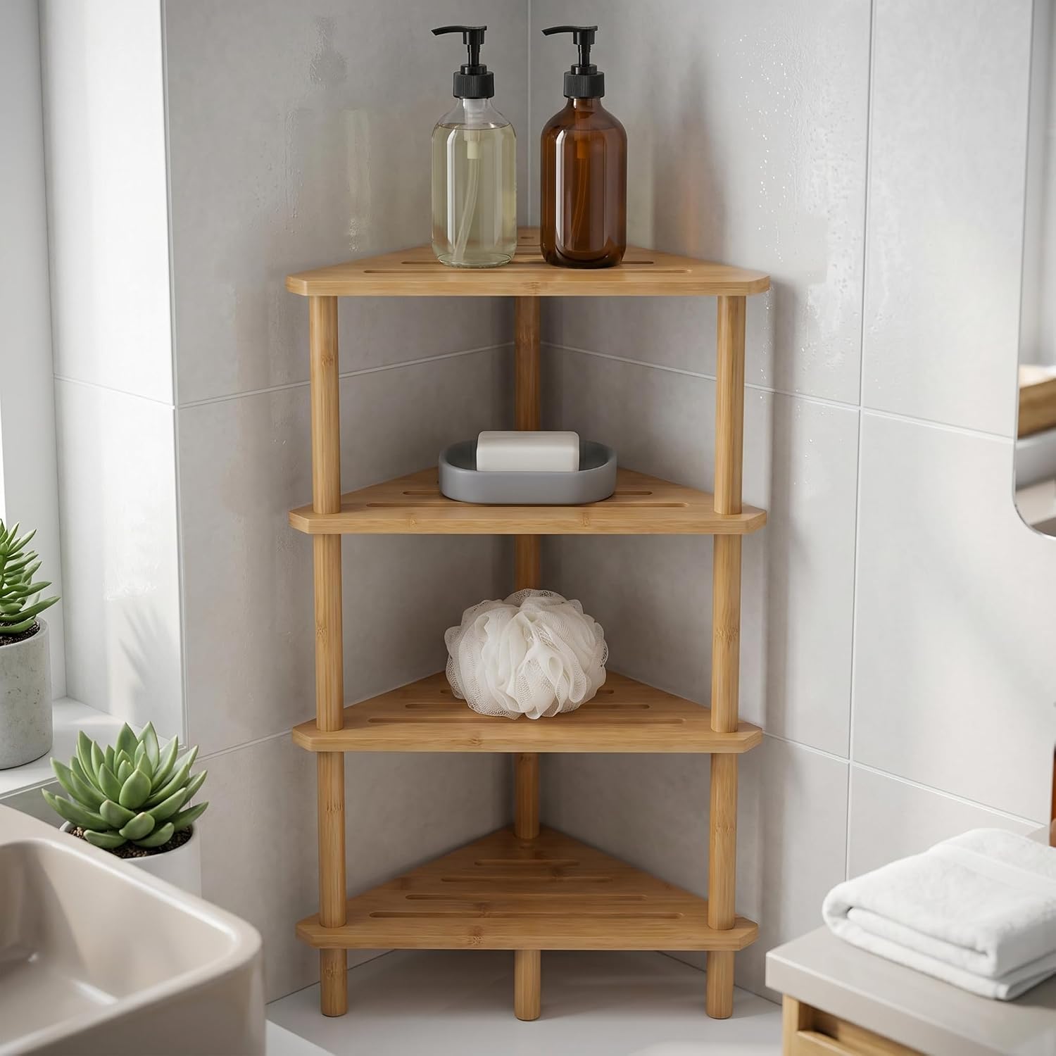 4-Tier Bamboo Corner Shower Caddy