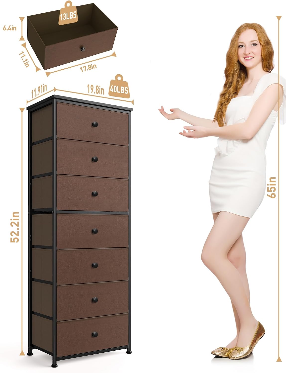 Mifuro Grey 7-Drawer Fabric Tall Dresser