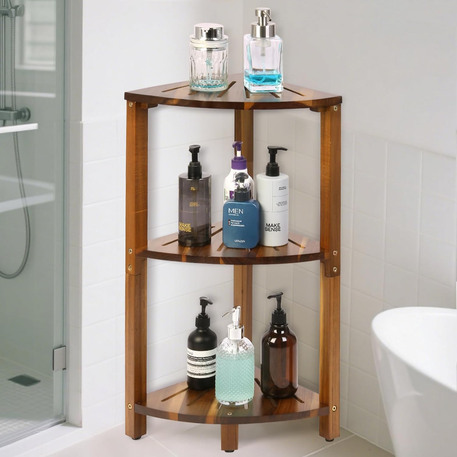 IBosins Acacia Wood 3-Tier Corner Shower Caddy