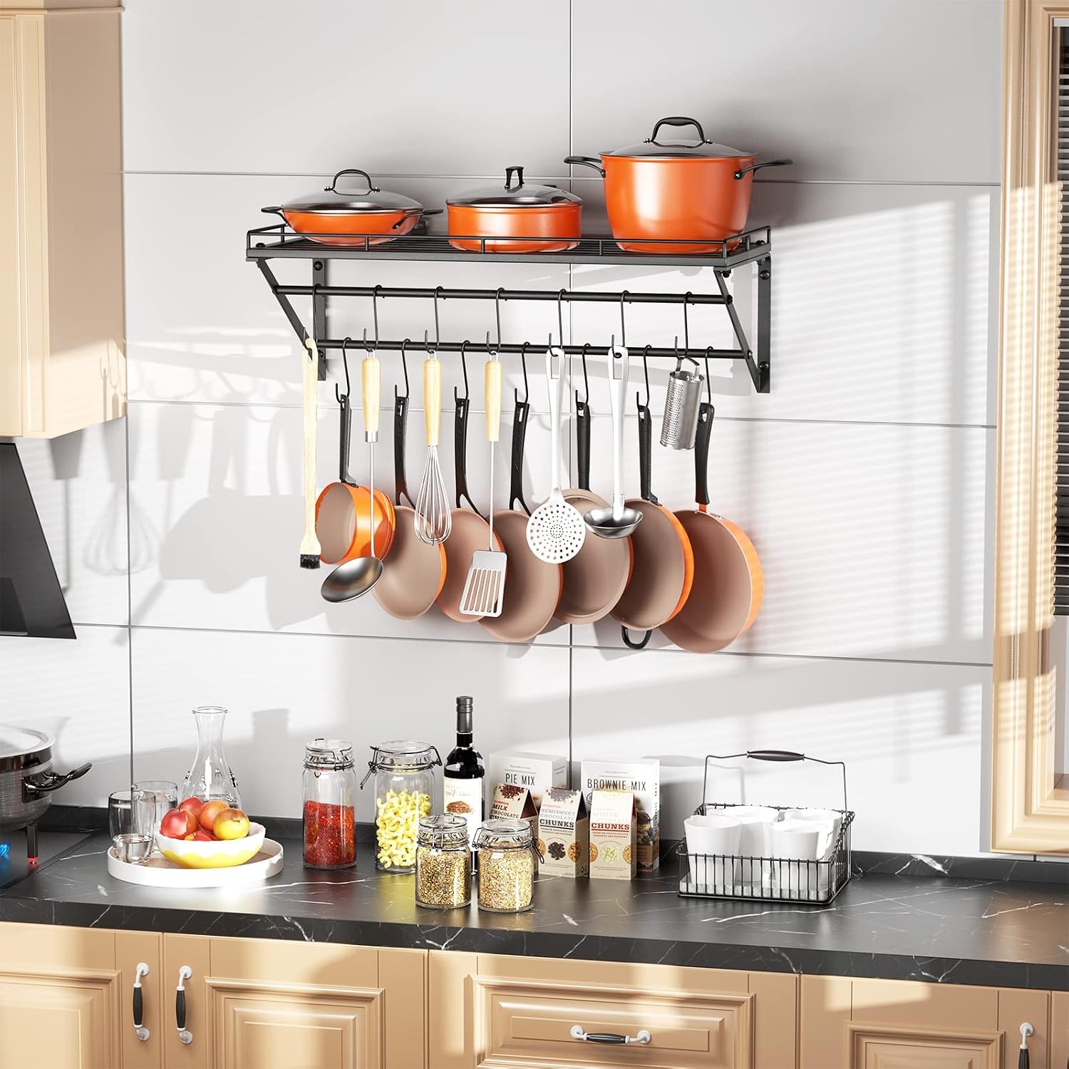 Black 31" 2-Tier Wall Mount Pot Rack