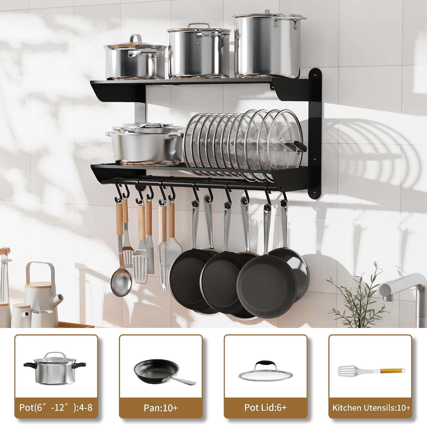 Black 2-Tier Wall Mount Pot Rack