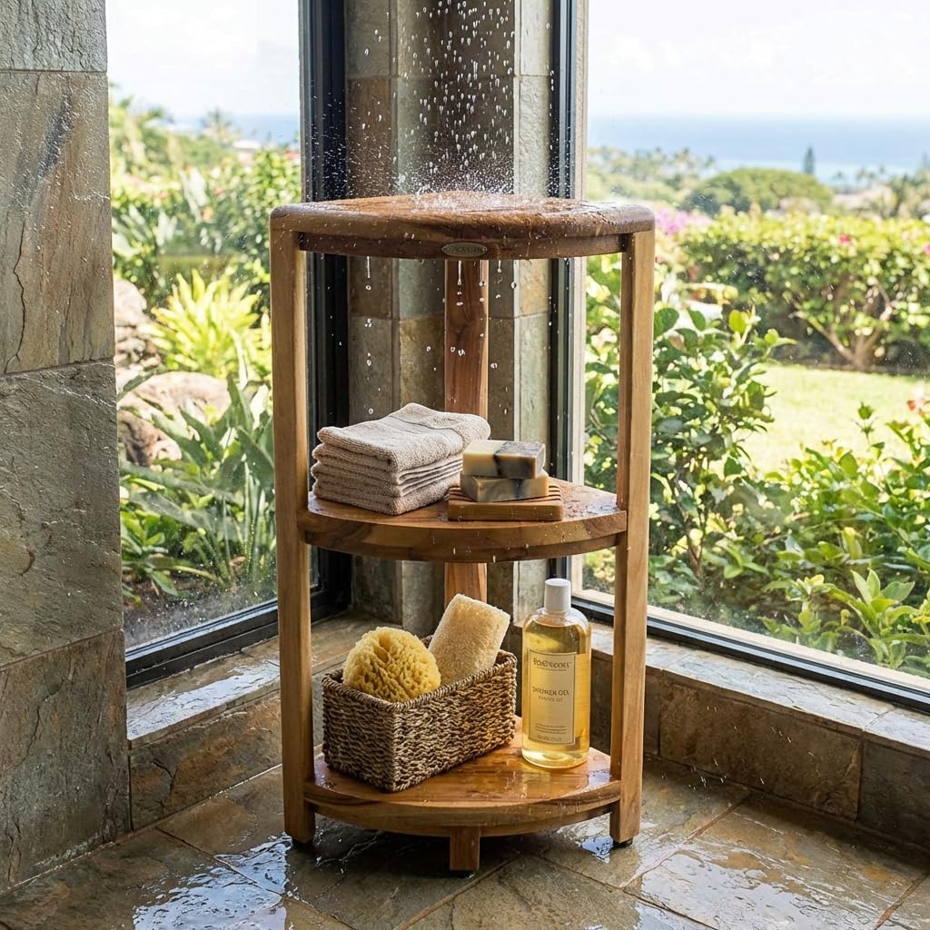 EcoDecors Natural Teak Corner Shower Shelf