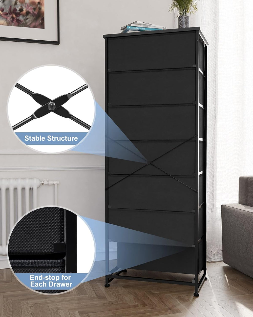 Crestlive Black 7-Drawer Tall Fabric Dresser