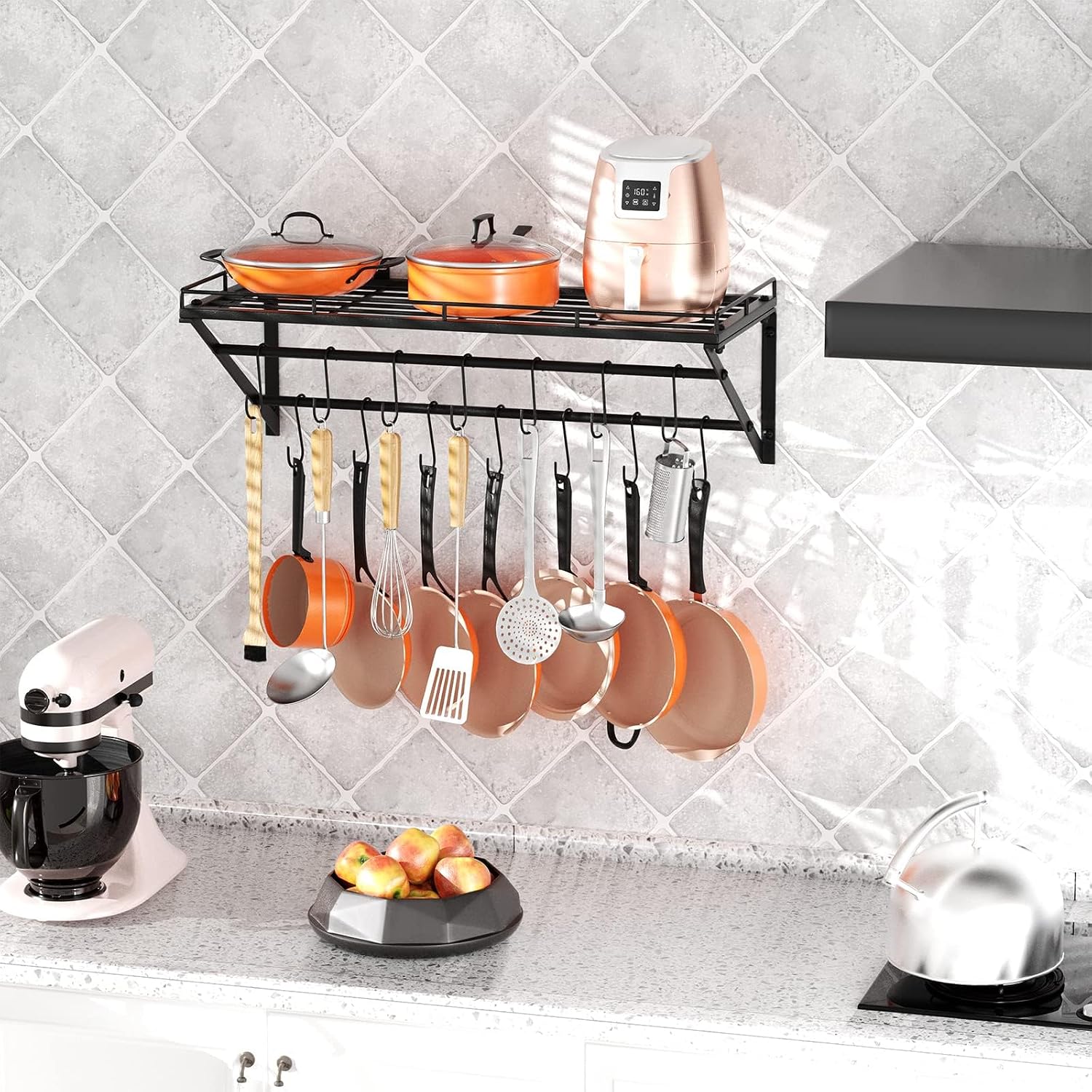 Black 31" 2-Tier Wall Mount Pot Rack