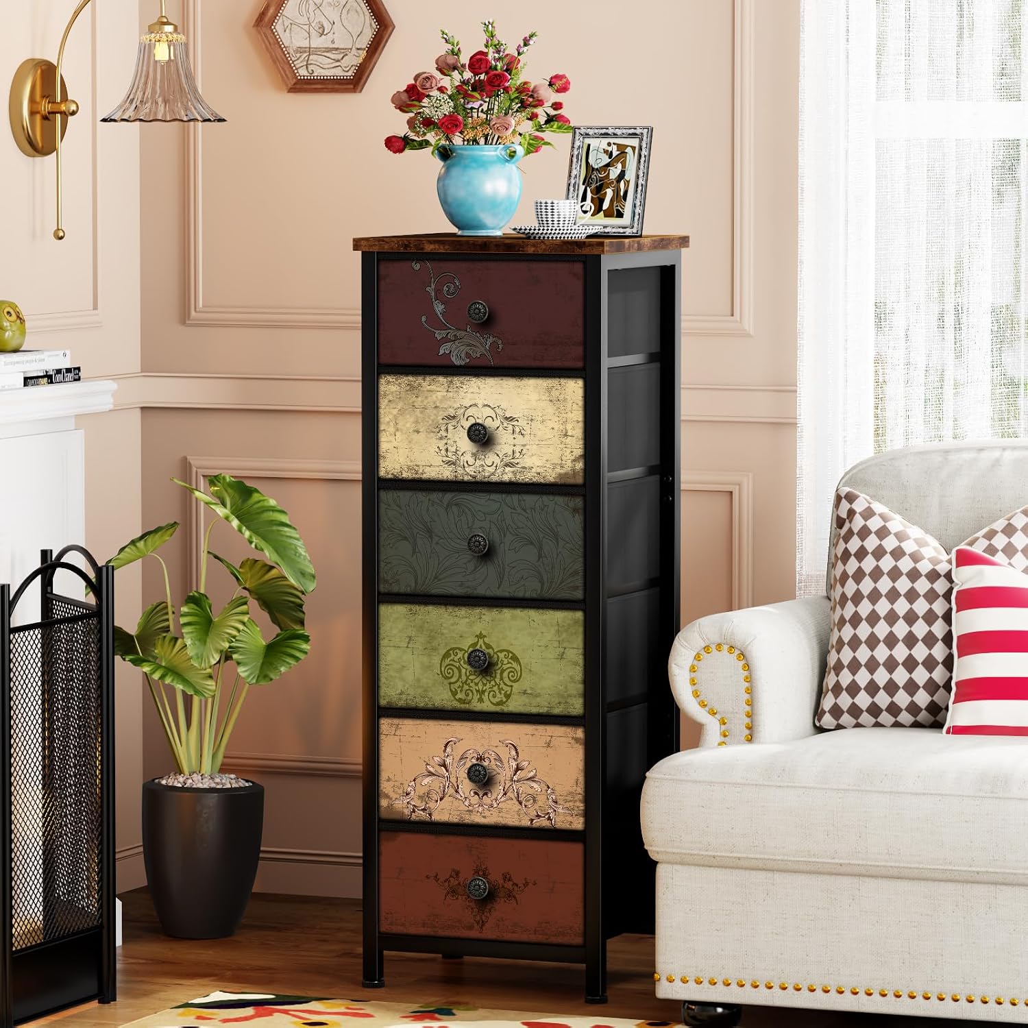 Pattern Fabric 6-Drawer Tall Dresser