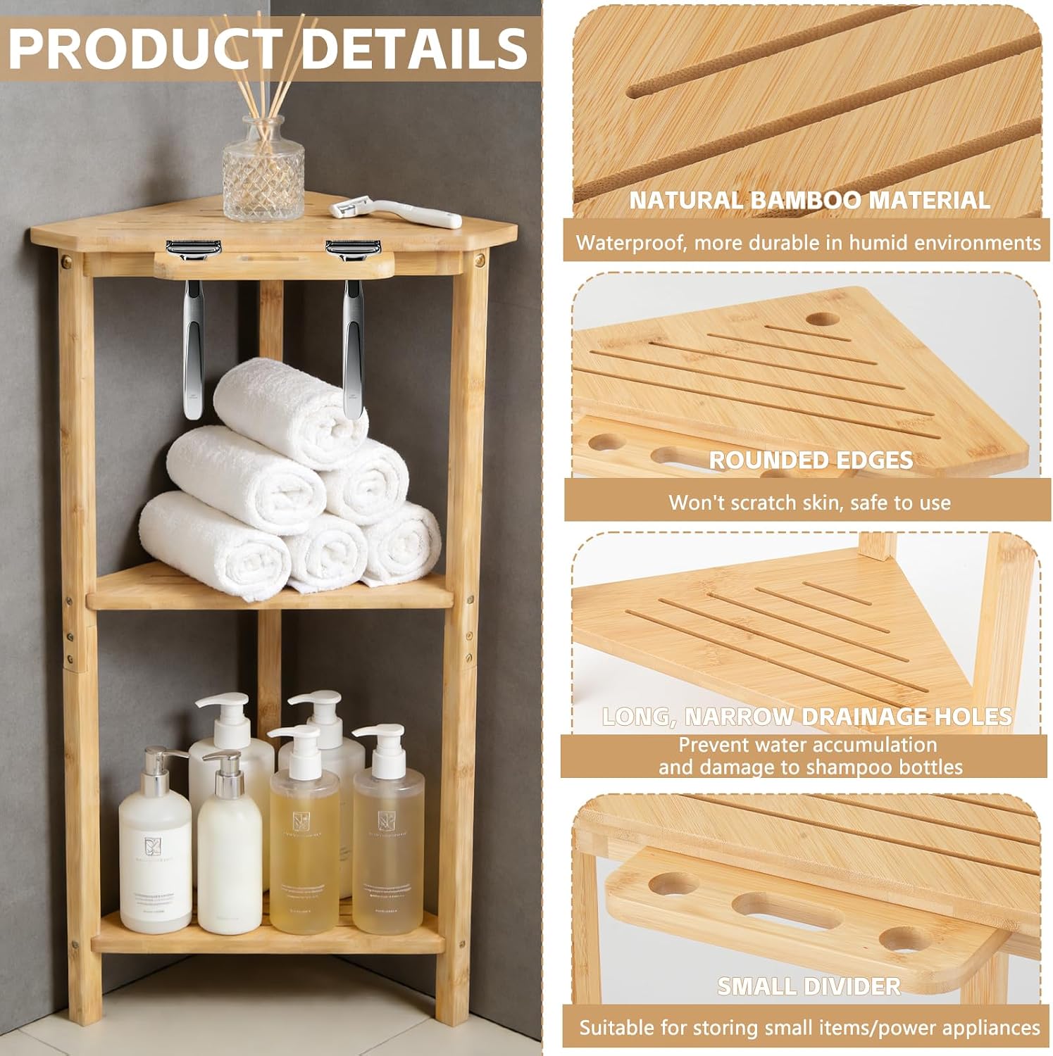 3-Tier Bamboo Corner Shower Stand