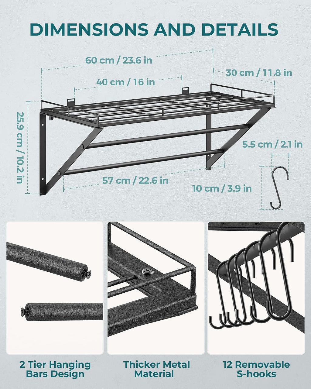 Black 23" Wall Mount Pot Rack