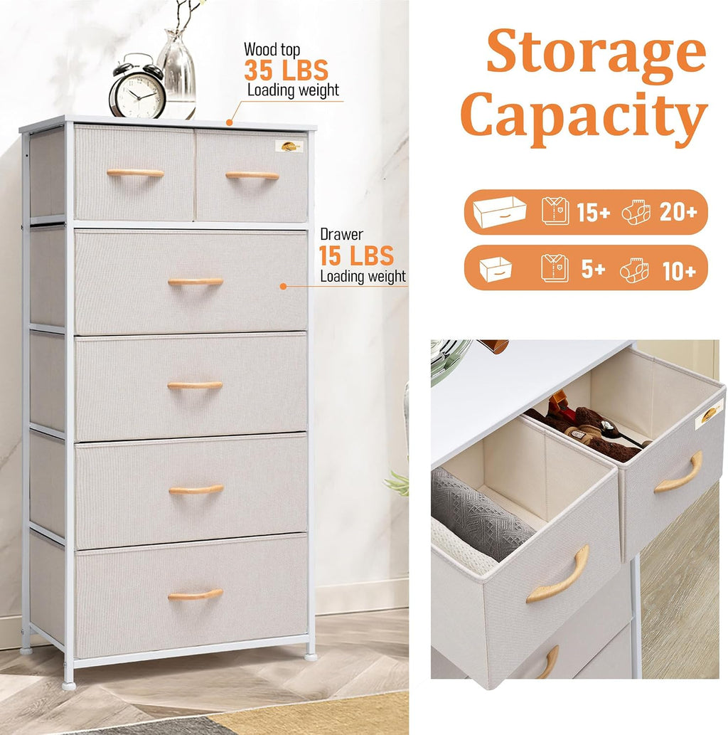 Beige 6-Drawer Skinny Fabric Dresser