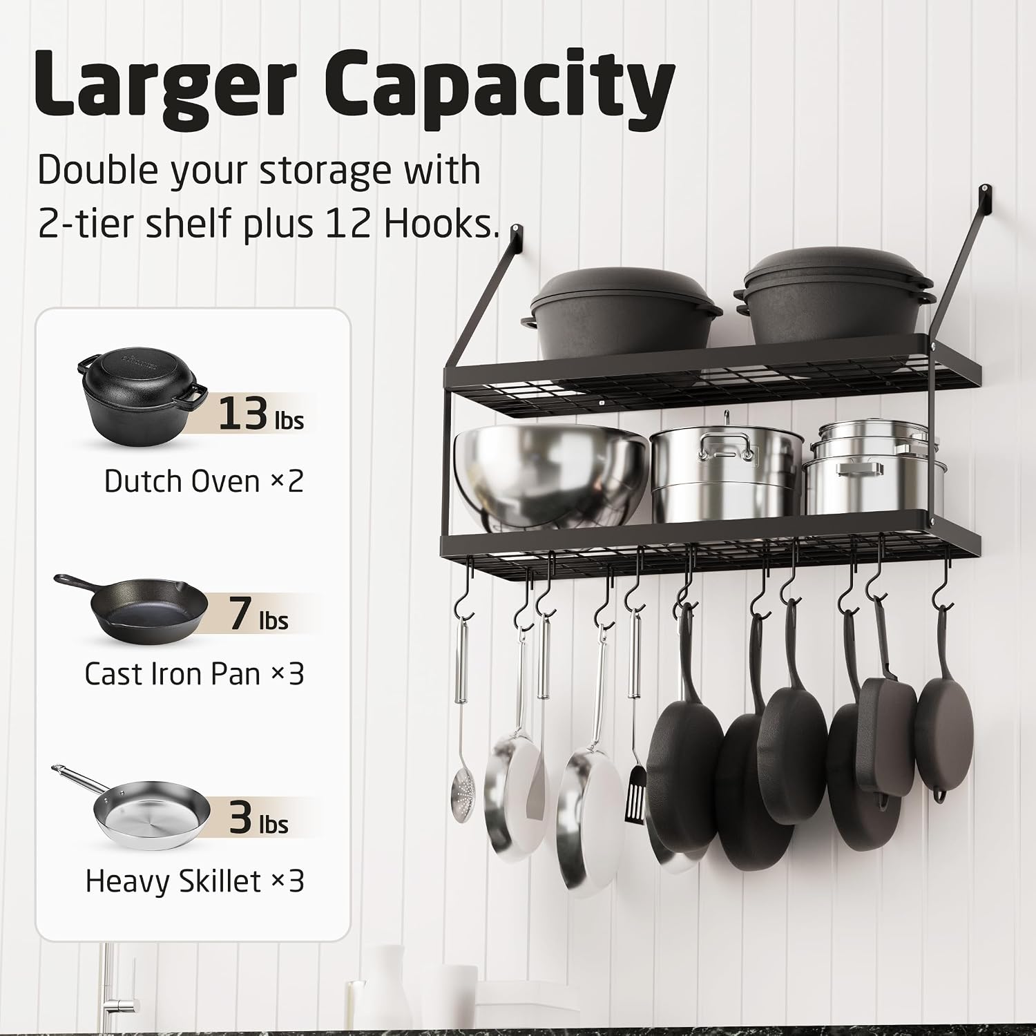 Matte Black 2-Tier Wall Mount Pot Rack