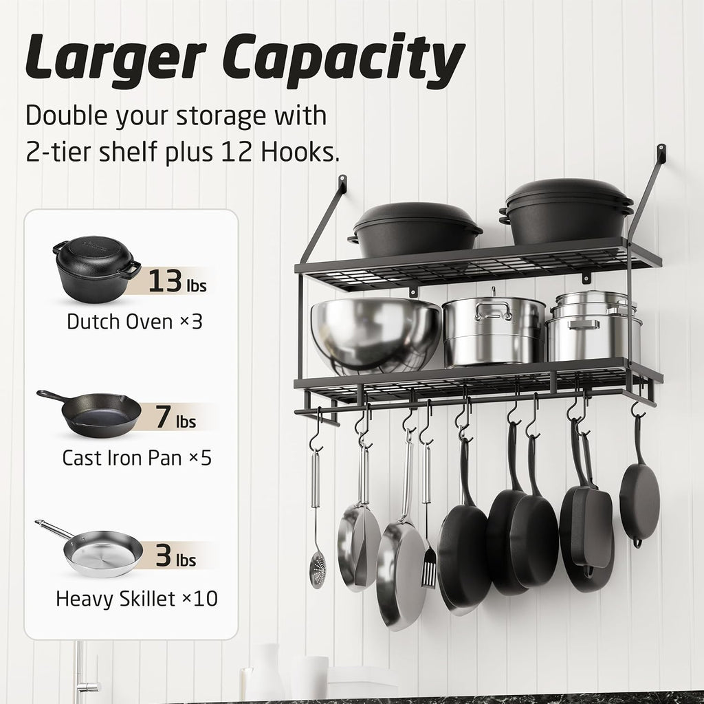 Matte Black 30" 2-Tier Wall Mount Pot Rack