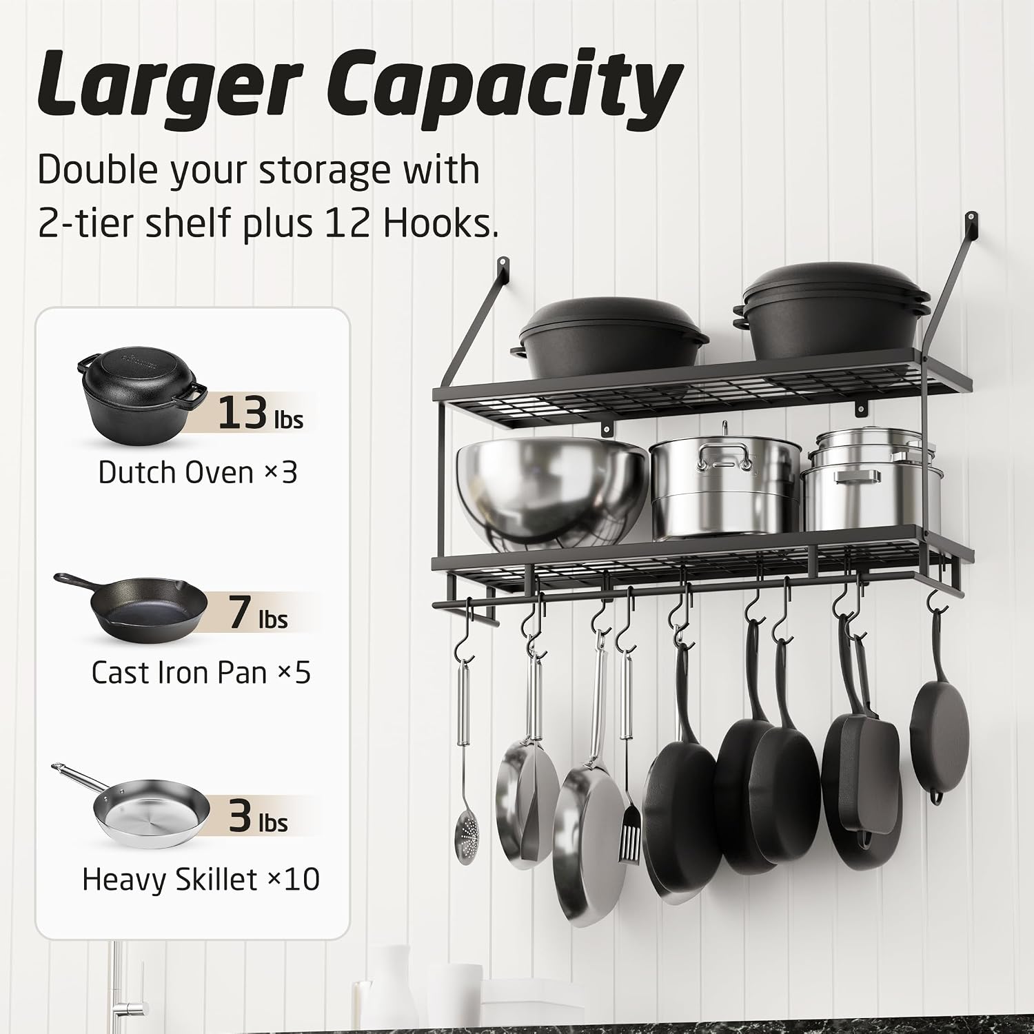 Matte Black 30" 2-Tier Wall Mount Pot Rack