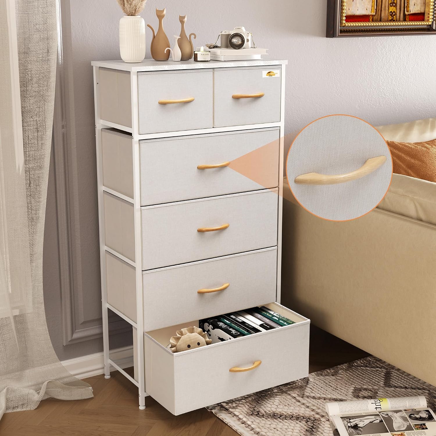 Beige 6-Drawer Skinny Fabric Dresser