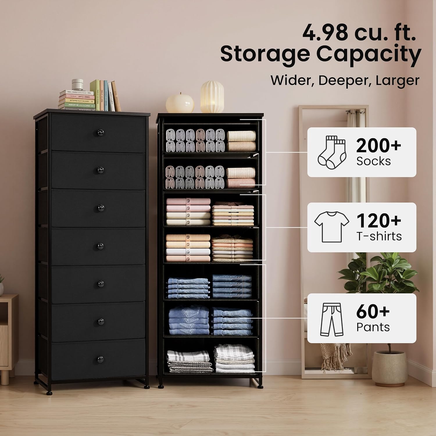 Crestlive Black 7-Drawer Tall Fabric Dresser